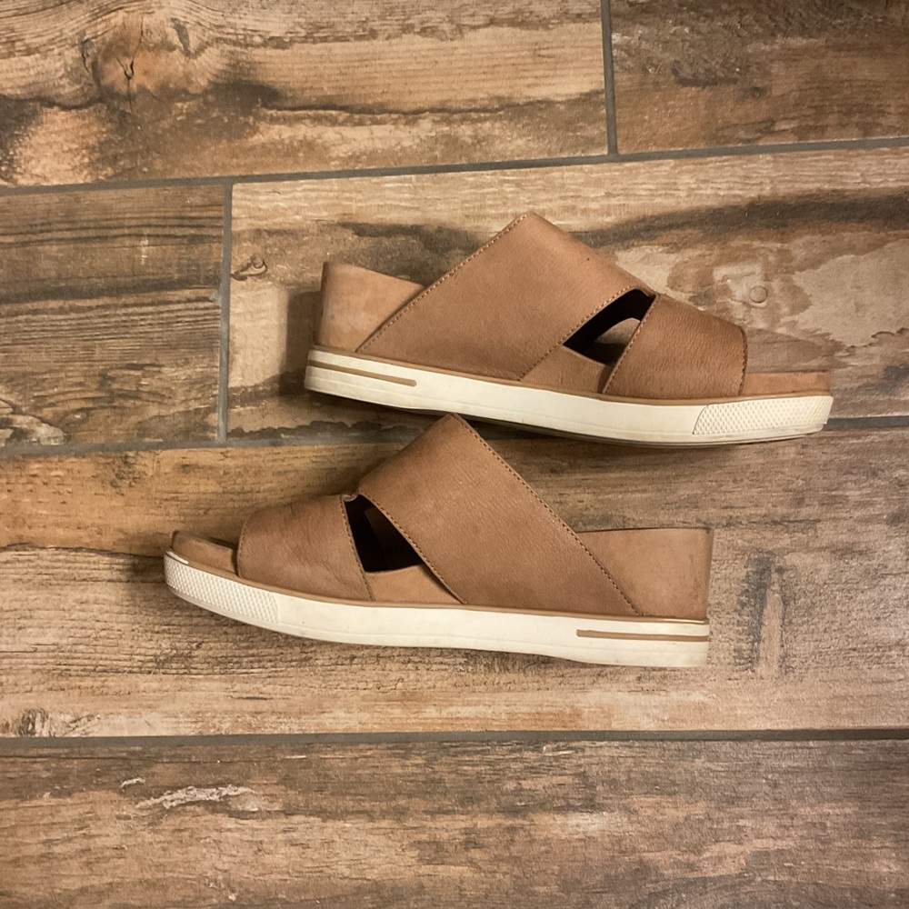 Preowned Eileen Fisher Grand Platform Suede Cut Out Sandals wms 8 in wheat - Picture 6 of 8